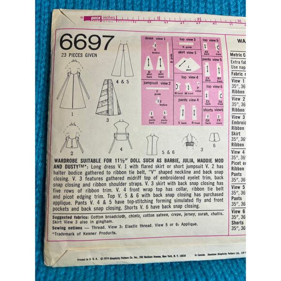Simplicity Pattern 6697 Barbie 11 1/2in doll clothes 1970s dress jumpsuit top - Picture 5 of 6